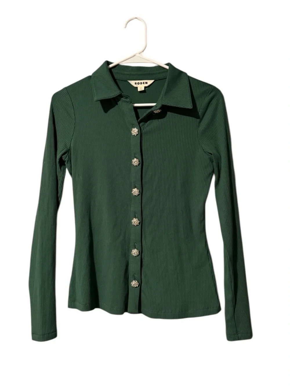 Boden Jewelled Button Ribbed Shirt In Green Size 6 - Picture 2 of 5